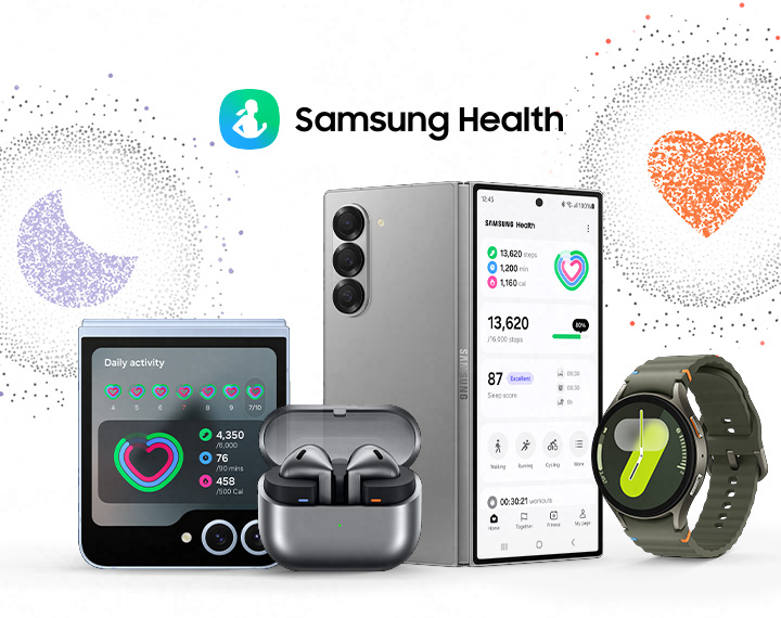 Galaxy Ring, Galaxy Z Flip6, Galaxy Buds3, Galaxy Z Fold6 and Galaxy Watch7 are seen with a text 'Samsung Health' and its logo. Dotted app icon of sleep and heart are hovering over next to the devices.